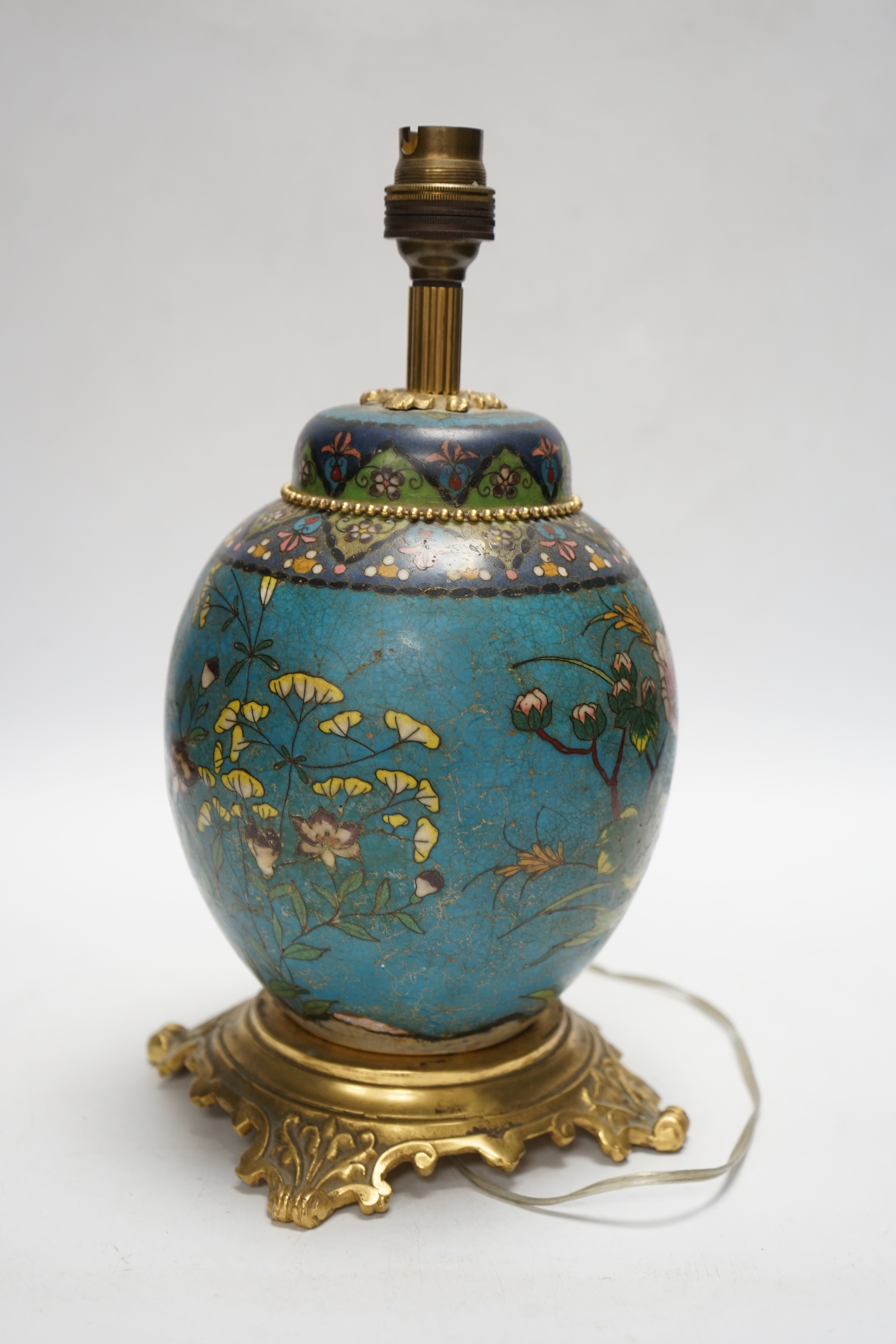 A Japanese ceramic cloisonné jar, mounted as a lamp, 30cm total